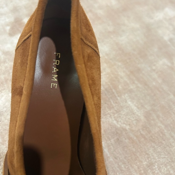 Frame Denim Suede Platform Loafers in Brown with Brass Ring
